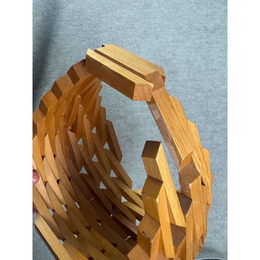 Vintage Geometric Collapsible Wooden Basket Interlocking Block Sculpture Bowl